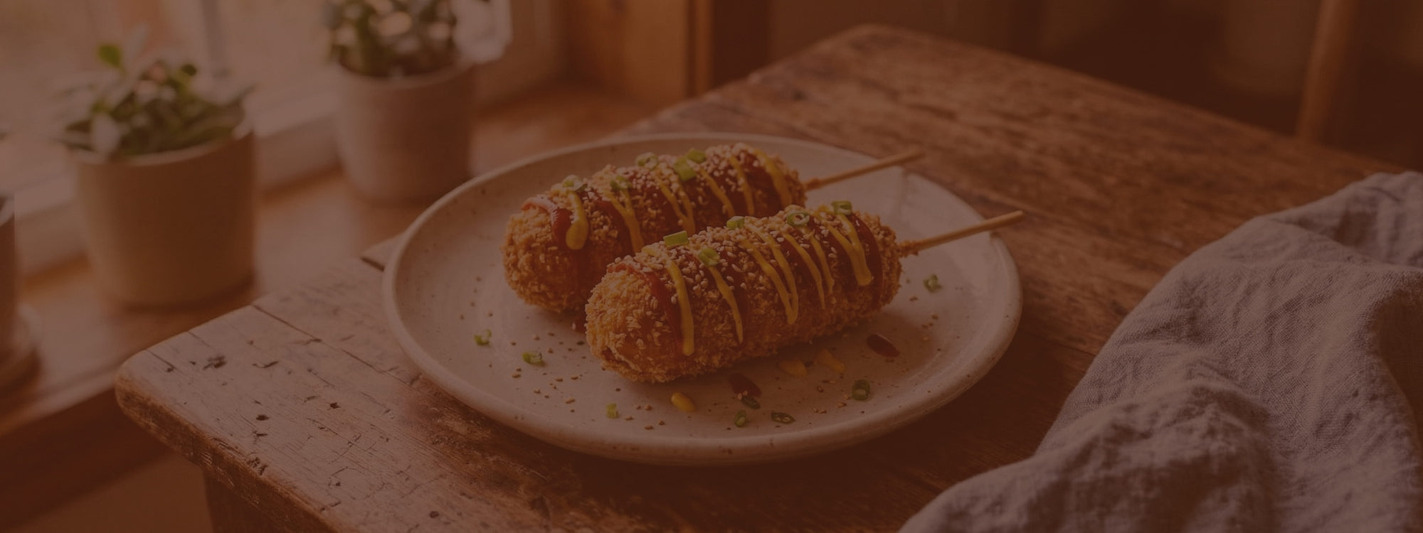 Two skewered food items on a white plate on a wooden table with plants in the background.