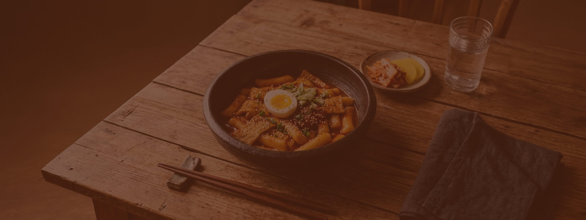 Bowl of ramen with an egg on a wooden table, accompanied by a side dish and a glass of water.