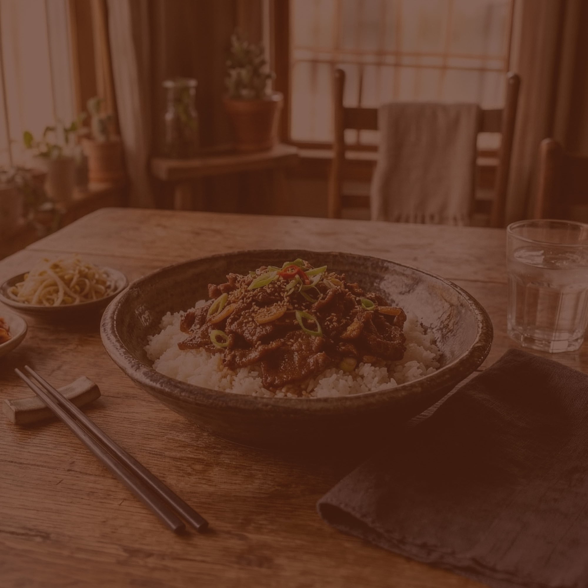 Bowl of rice with beef and vegetables on a wooden table with chopsticks and a glass of water.
