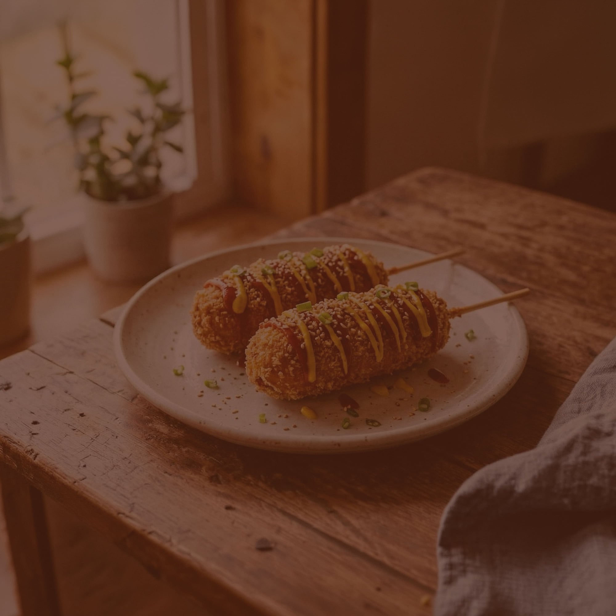 Two skewered food items on a white plate on a wooden table.