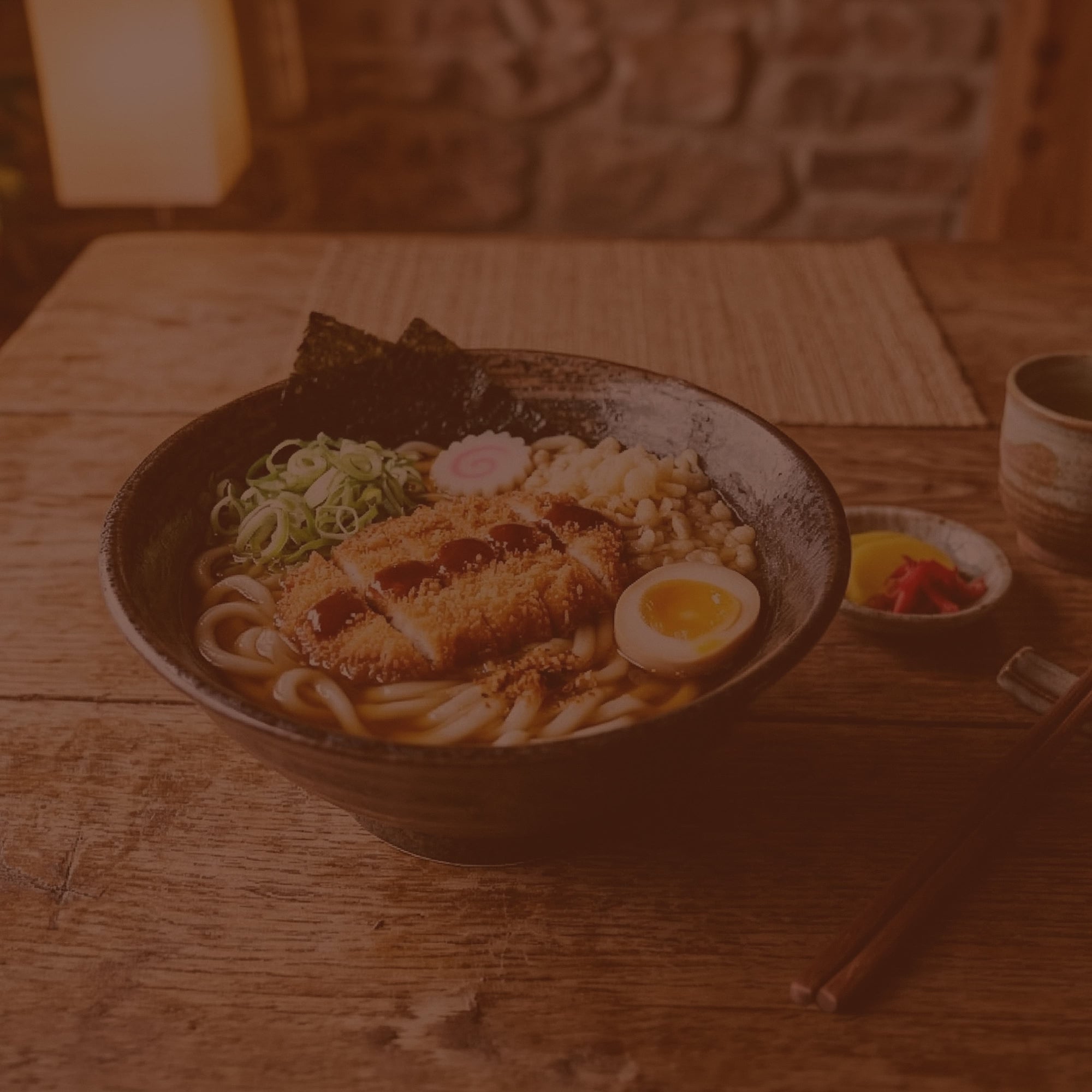 Bowl of ramen with sliced pork, egg, and vegetables on a wooden table.