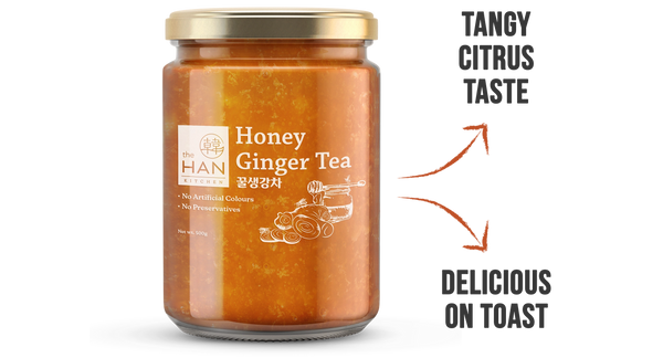 Jar of The Han Kitchen Honey Ginger Tea. Arrows point to descriptive callouts.