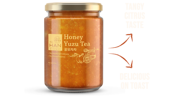 Jar of The Han Kitchen Honey Yuzu Tea. Arrows point to descriptive callouts.