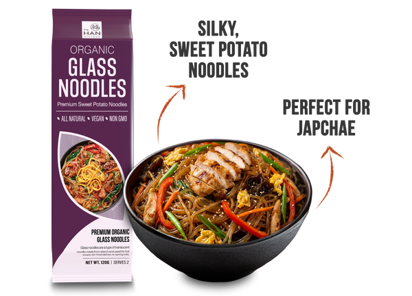 The Han Kitchen Organic Glass Noodles package paired with a prepared bowl of glass noodles. Arrows point to descriptive callouts.