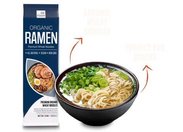 The Han Kitchen Organic Ramen package paired with a prepared bowl of ramen noodles. Arrows point to descriptive callouts.