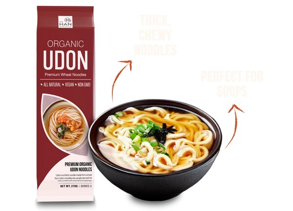 The Han Kitchen Organic Udon package paired with a prepared bowl of udon noodles. Arrows point to descriptive callouts.