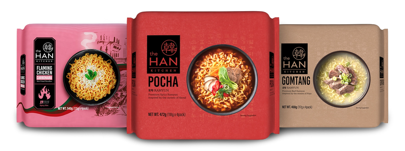 Three packages of The Han Kitchen Ramyun Range. Pocha, Gomtang & Flaming Chicken Carbonara.