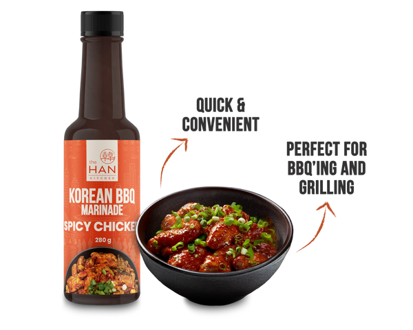 Bottle of The Han Kitchen Korean BBQ Marinade Spicy Chicken paired with a prepared bowl of marinated chicken. Arrows point to descriptive callouts.
