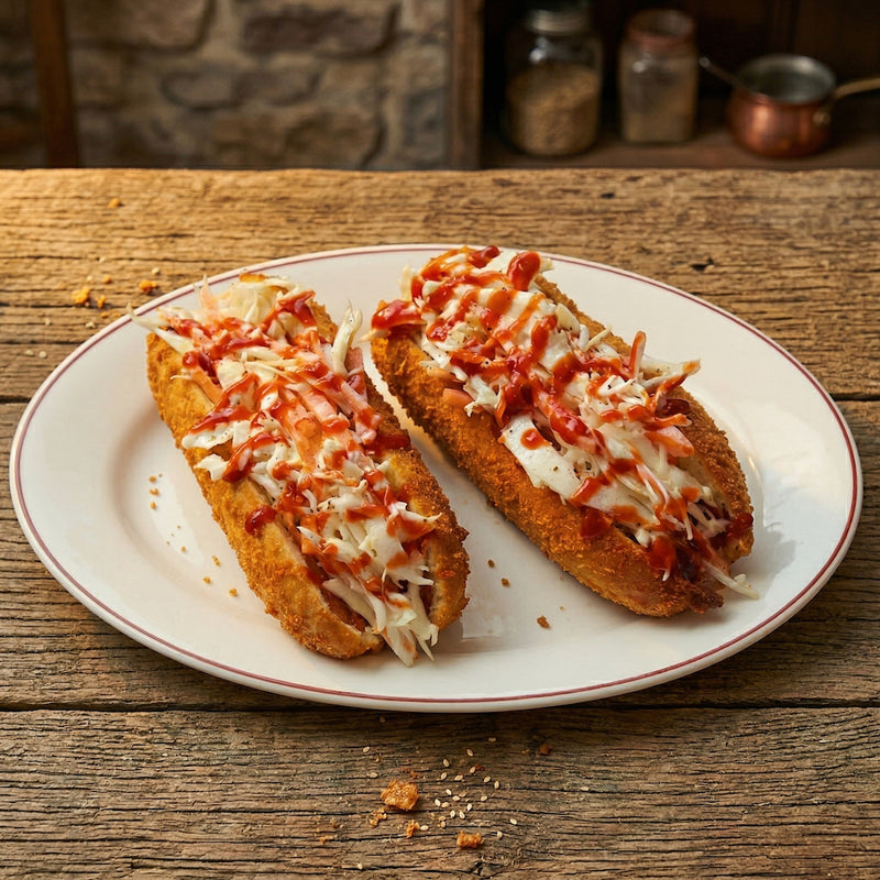 Two fried sandwiches with cheese and tomato on a white plate on a wooden table.