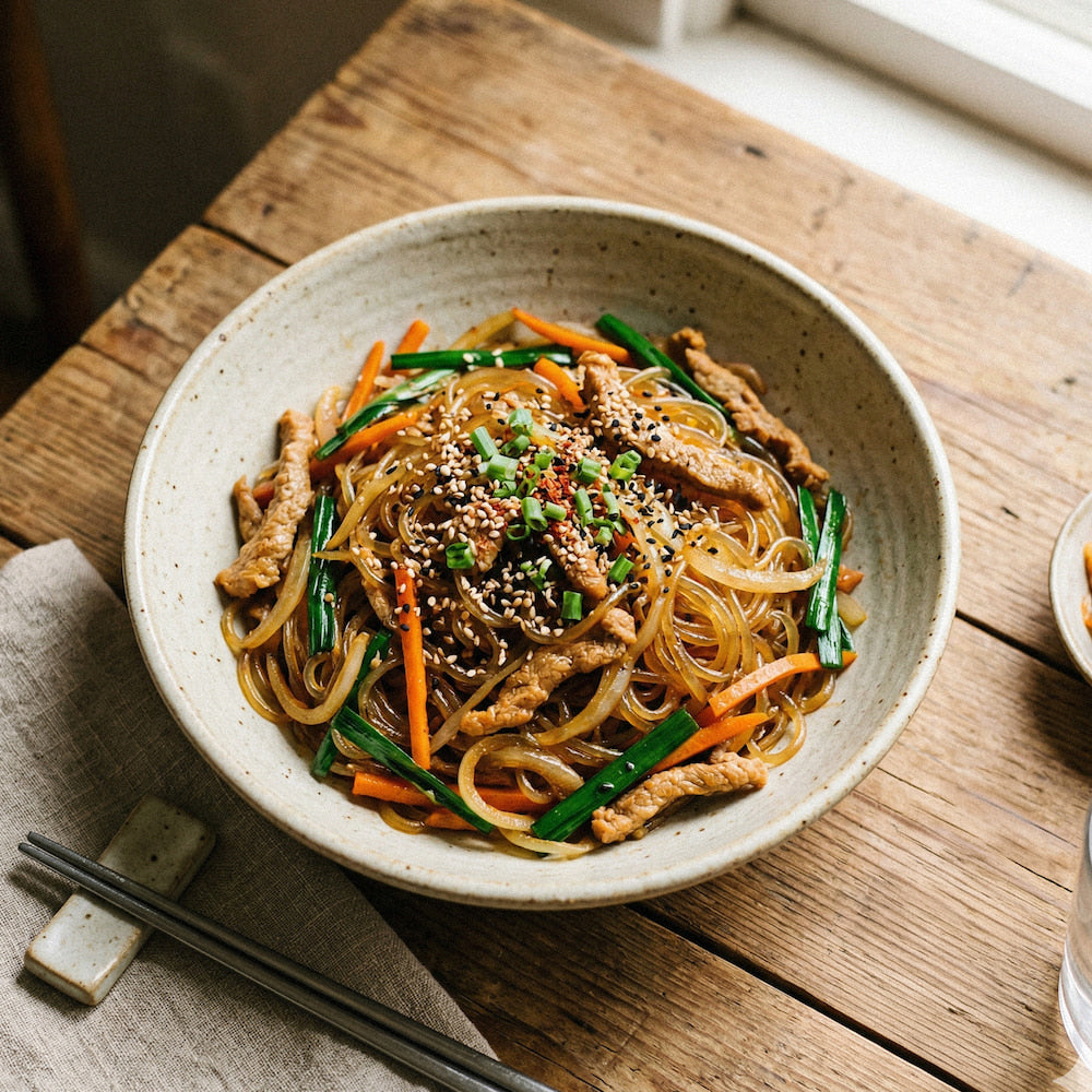 Bowl of noodles with vegetables and meat on a wooden table