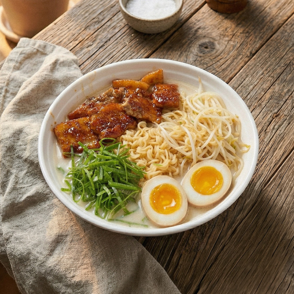 Bowl of ramen with sliced pork, egg, and green onions on a wooden table.